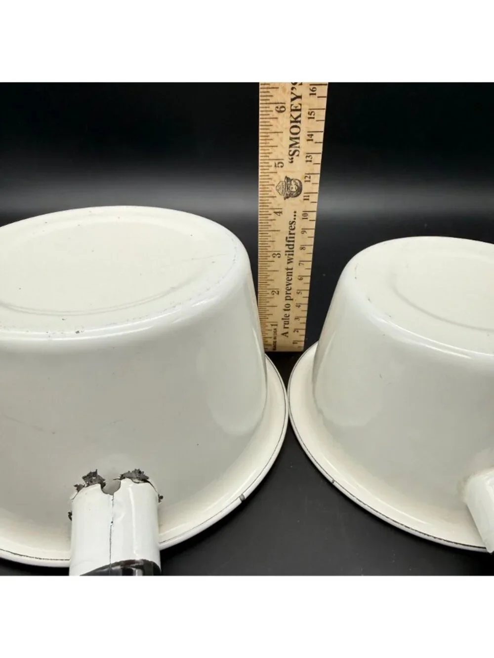Vtg White Enamelware Nesting Saucepan Set of 3 Black Handles Farm Decor